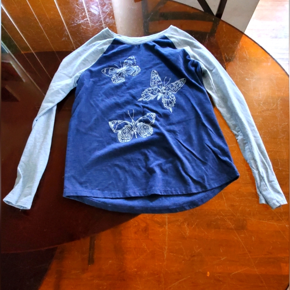 Cat and Jack 10/12 Girls baseball 3/4 sleeve tee shirt glitter butterflies